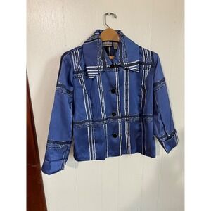 Chicos Blue Plaid Blazer Jacket Womens Size 1 Metallic Stripes